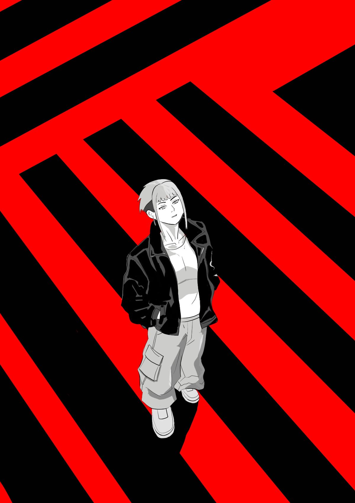 Manga illustration: a figure standing on red and black stripes