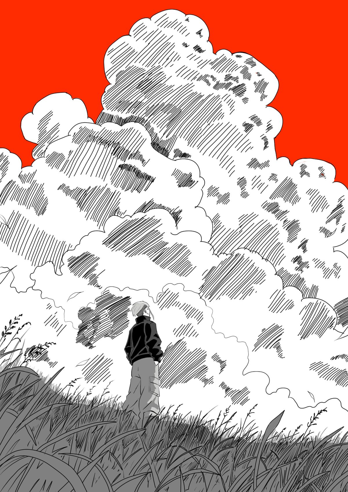 Manga illustration: a figure in tall grass under towering clouds and a red sky
